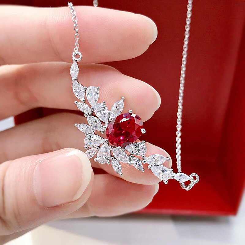 OEVAS 100% argento Sterling 925 7*9mm sintetico rubino ghiaccio fiore taglio collana pendente per le donne scintillanti matrimonio Fine Jewerly