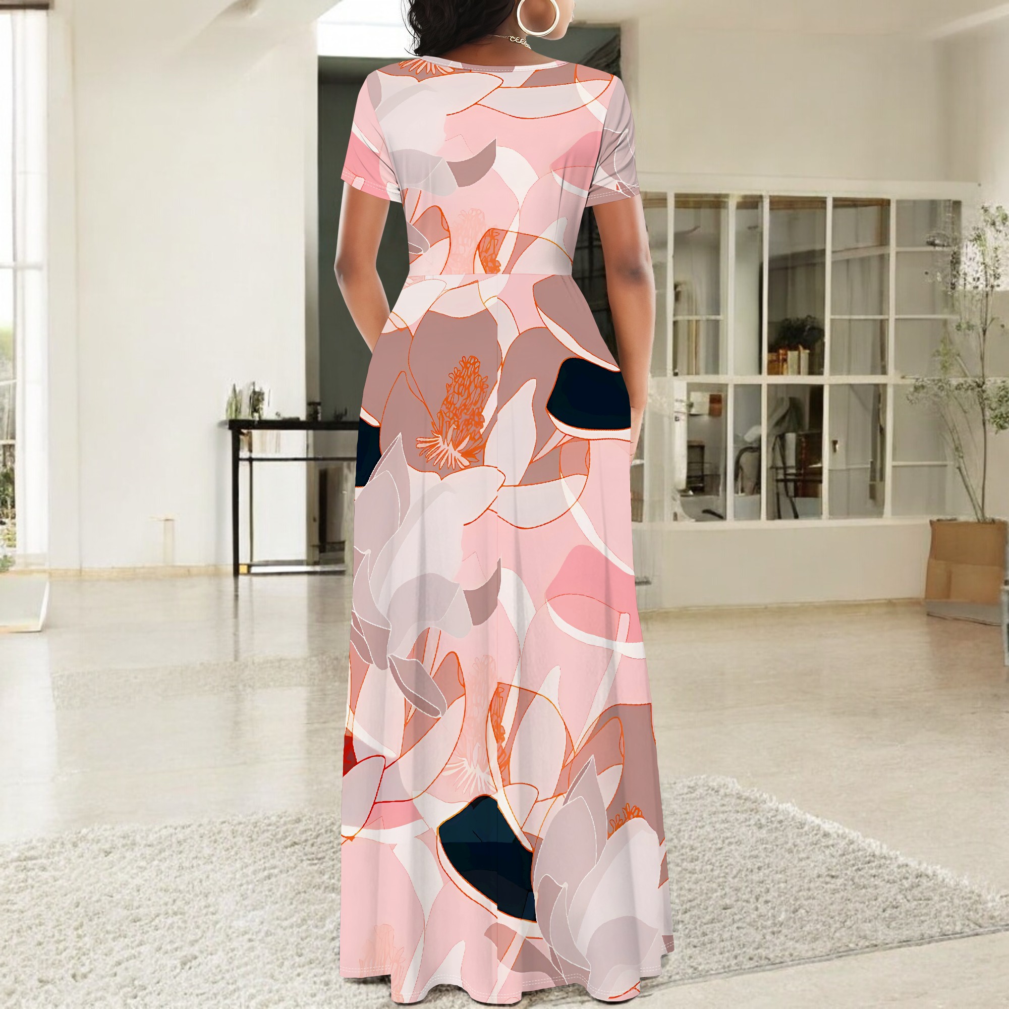 Pink Lotus Floral Maxi Dress Short Sleeve A-Line Vacation Long Dress