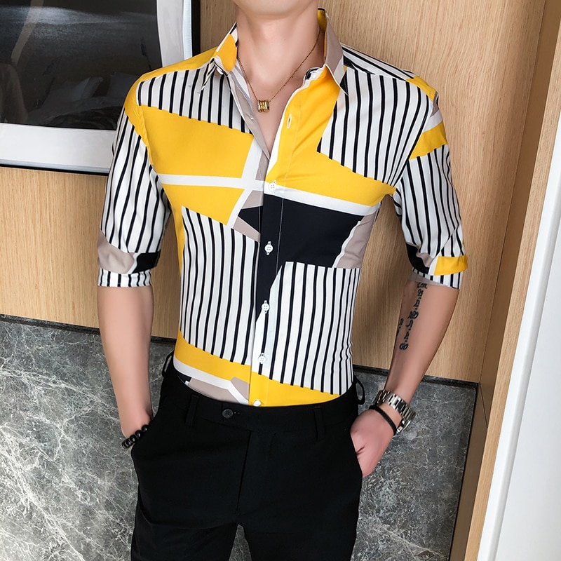 Forår sommer halværmet skjorte herre streetwear all match slim fit herre stribede skjorter club casual bluse herre 3xl