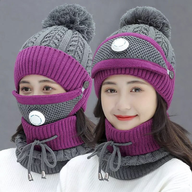 Vinter kvinder strikket hue sæt blød uld scart kasket pige varm solid kranie hætte med nakke varmere tyk fleece foret kvinde: Rose