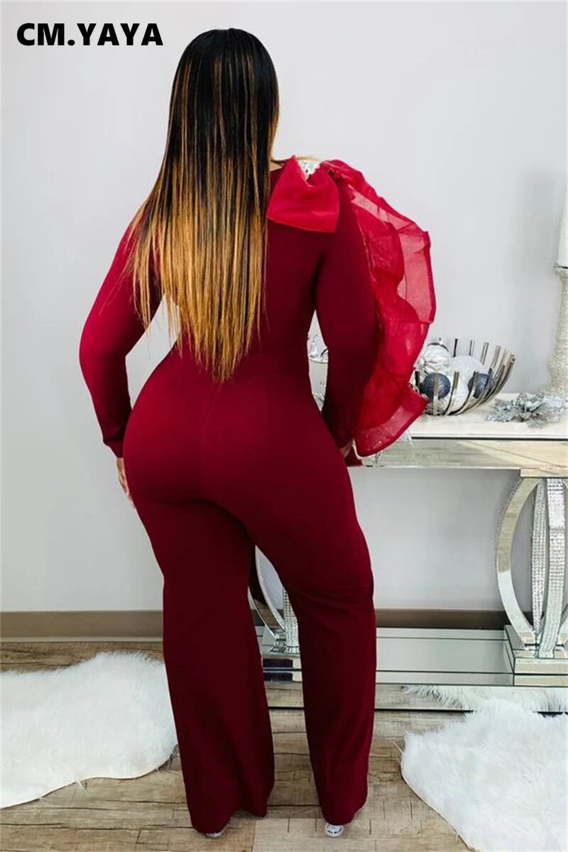 CM.YAYA – combinaison droite Vintage, grande taille, à volants, épissage, manches longues, décolleté en v profond, soirée, une pièce