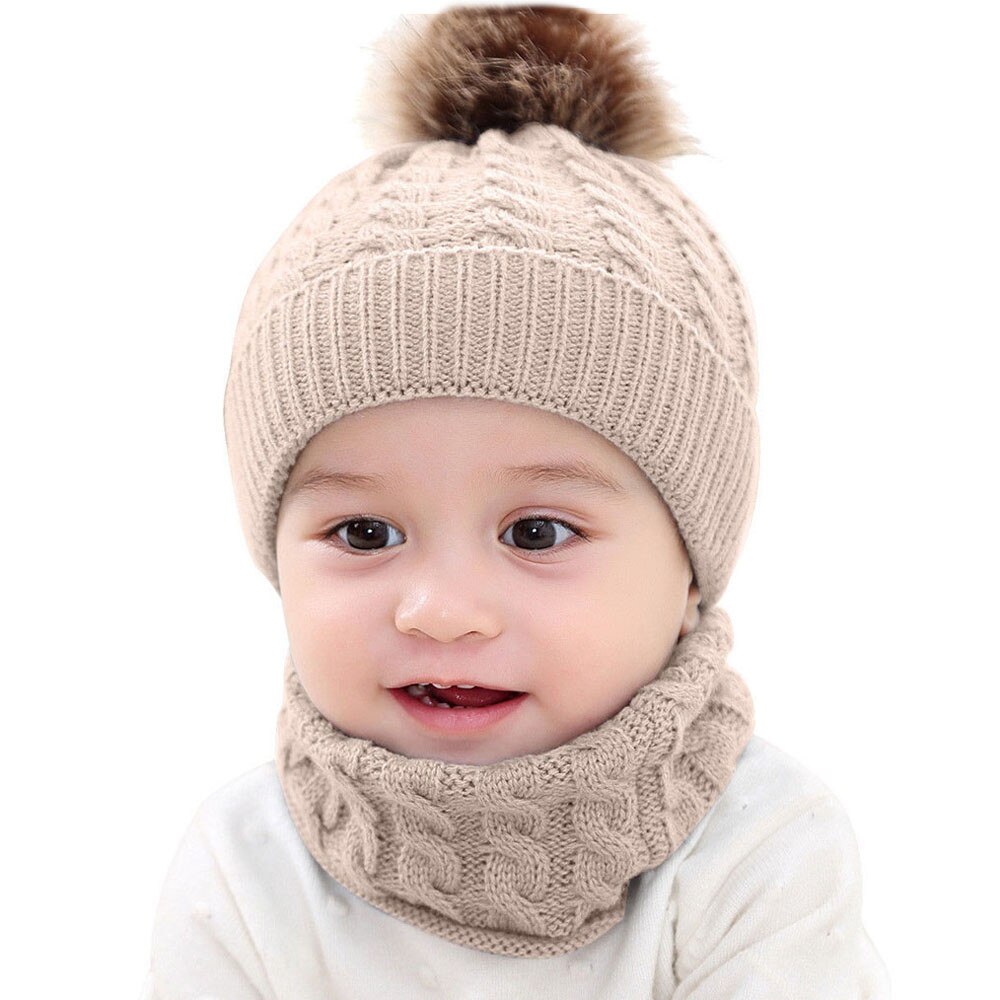 Newborn Baby Knit Hat+scarf Children Baby Boy Girl Kids Infant Winter Pompom Ball Knit Hat Caps Casual Beanie Bonnet #FS: Khaki