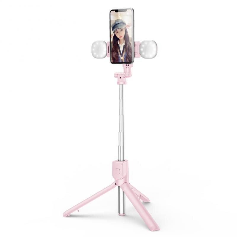 Bluetooth Selfie Stick Met Statief Selfiestick Telefoon Selfie-Stick Voor Iphone Samsung Huawei Smartphone Met Licht Invullen: Double Light Pink