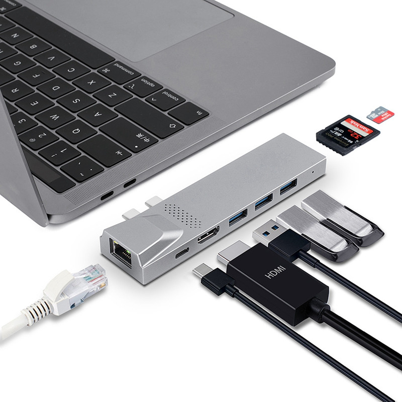 8 In 1 Docking Station USB C Adapter with 4K HDMI Dual Type C 3 Port USB3.0 Hub SD TF Card Reader 1000Mbps for MacBook Pro Air: Default Title