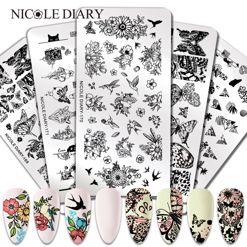 NICOLE DIARY Leopard Butterfly Nail Stamping Plates Tiger Nail Art Stamp Templates Stencils Flower Print Stamping Tool