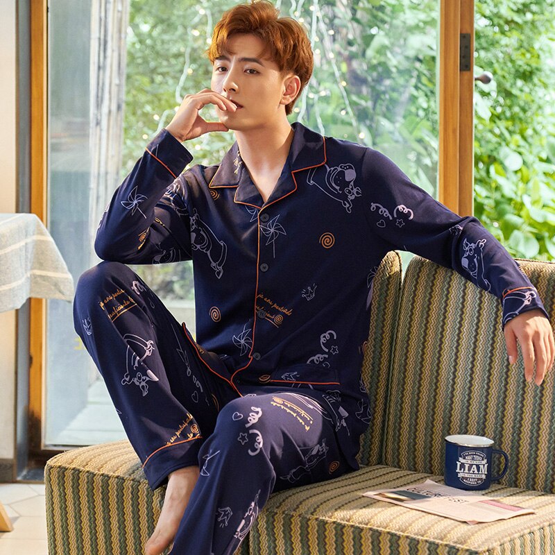 Automne Pyjama hommes ensemble coton printemps Pijama hommes à manches longues solide Pyjama homme Cardigan col rabattu Pyjama mâle L XL XXL XXXL