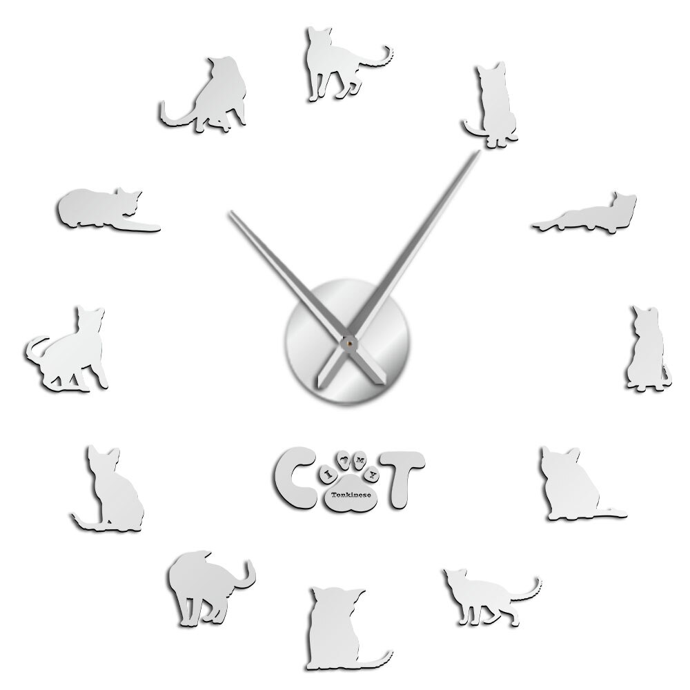 DIY Tonkinese Cats Wall Art Animals Kitty Pet Frameless Giant Wall Clock With Mirror Effect Large Silent Quartz Clock Wall Watch: Silver / 27 inch