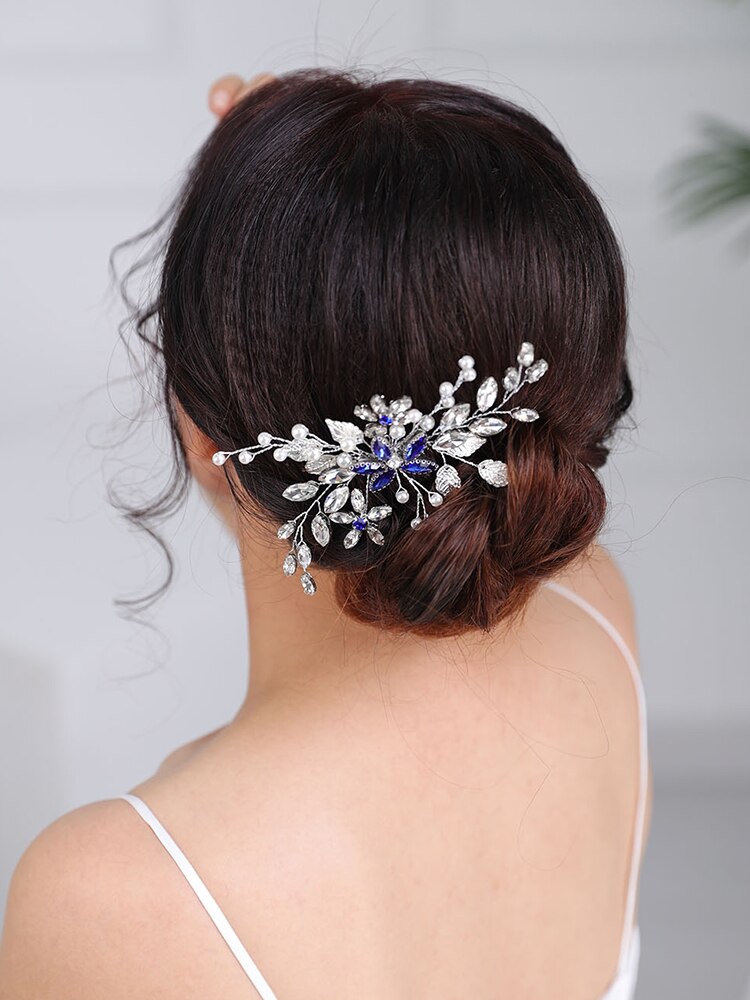Accesorios para el cabello de boda, peineta azul, tocados casuales, tocados Chic, tocados de diamantes de imitación, joyería de cabeza nupcial para mujeres