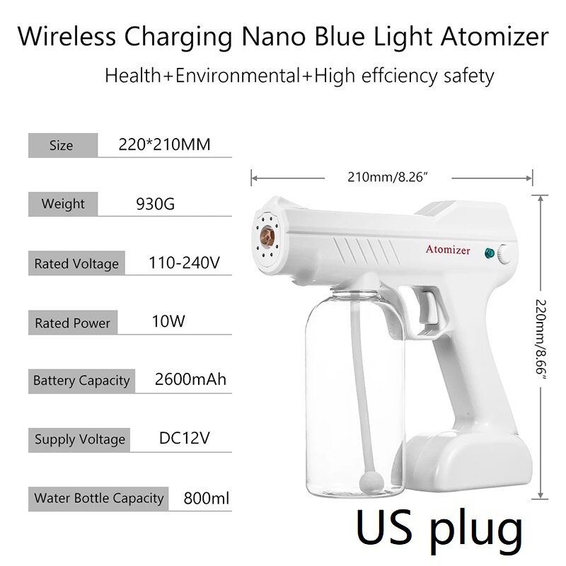 800ML Wireless Electric Gun Disinfectant Sprayer Blue Light Nano Steam Spray Gun Sterilizing Nano Spray Gun For Home Office: 02