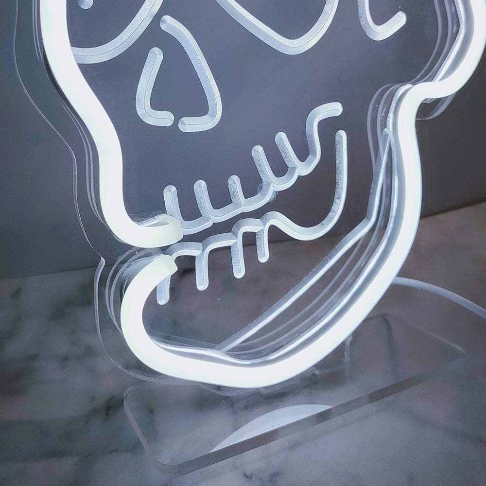 Skull Neon Sign 3D Art USB White Dimmable Switch Neon Sign with Stand Base for Living Room Shop Bar Sign Halloween Decoration