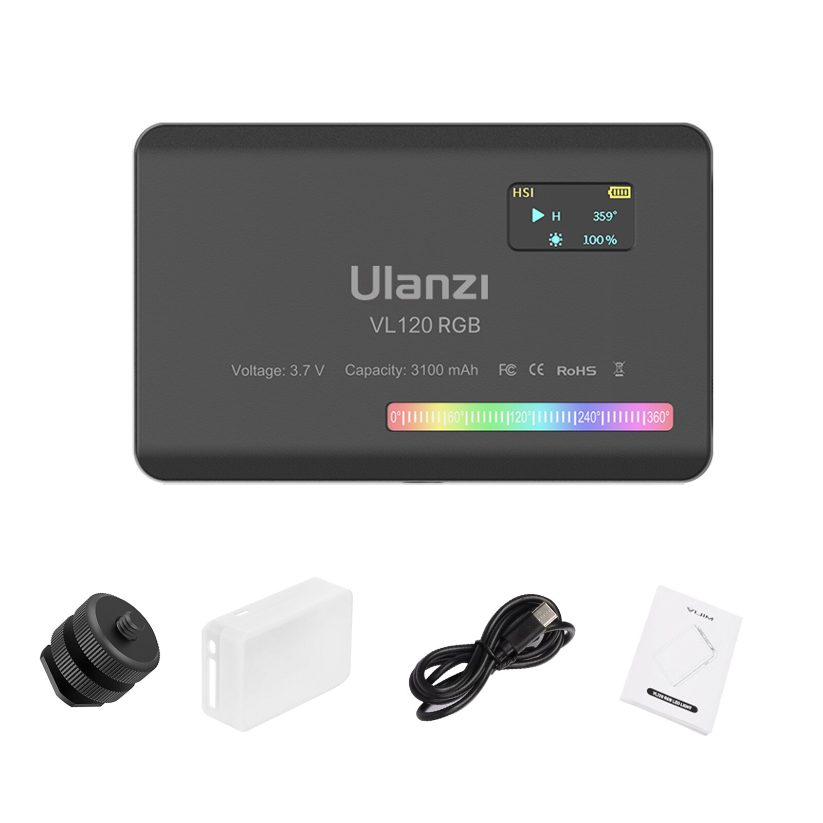 Ulanzi VL120 RGB Compact Video Light with Display Screen Diffuser Mini Camera RGB Light Smartphone Selfie Lighting 3100mAh: Black-VL120 RGB