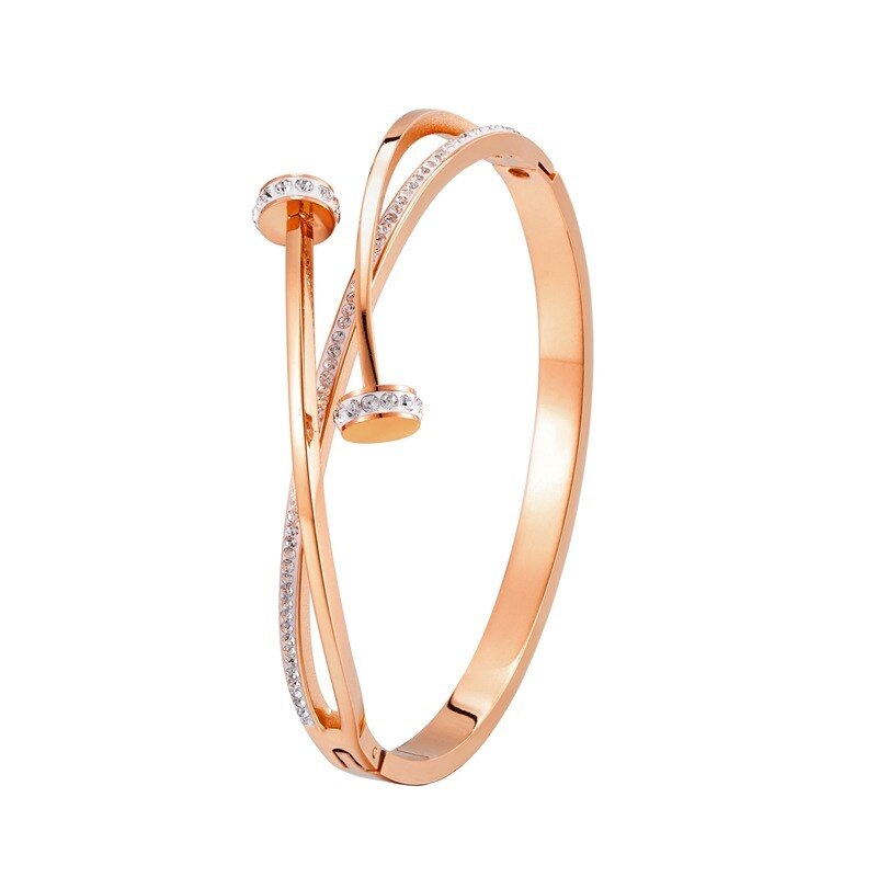 Rustfrit stål unikke dobbelt krystal søm hoved krydsarmbånd til kvinde elsker bryllup armbånd smykker: Rose guld