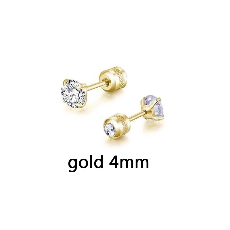 1 Pair 3-6mm Stud Earrings Set Hypoallergenic Double Round Cubic Zirconia Stainless Steel CZ Girls Women Earrings: gold 4mm