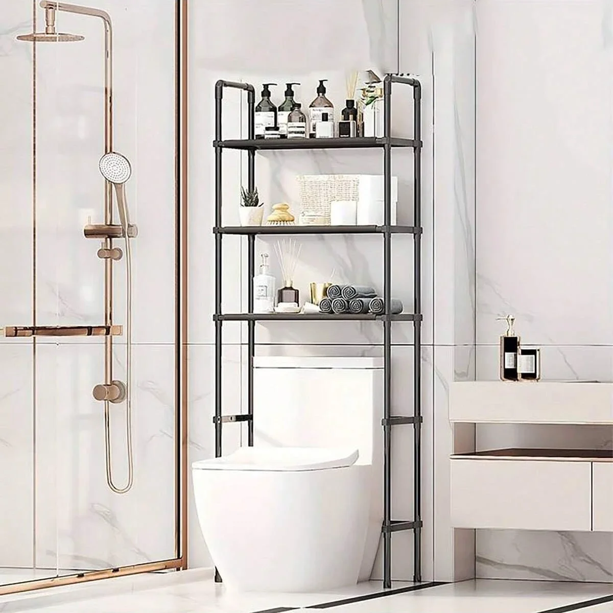 Badkameropbergrek Ruimtebesparende standaardhouder Multifunctionele vloertype Toiletopbergrekken Meerlaagse wasmachineplank: Black