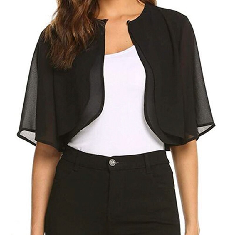 Womens Half Sleeve Layered Open Front Loose Sheer Bolero Chiffon Shrug Cardigan Top For Wedding Party Dress Capes Robe: Black / XL