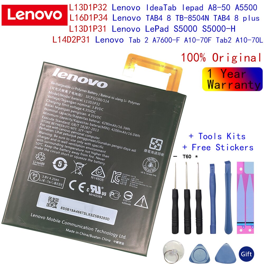 100% Originele Lenovo L13D1P32 L16D1P34 L13D1P31 L14D2P31 Batterij Lepad Tab 2 A7600-F A10-70F A3500 S5000 TAB4 8 Tb-8504N a8-50