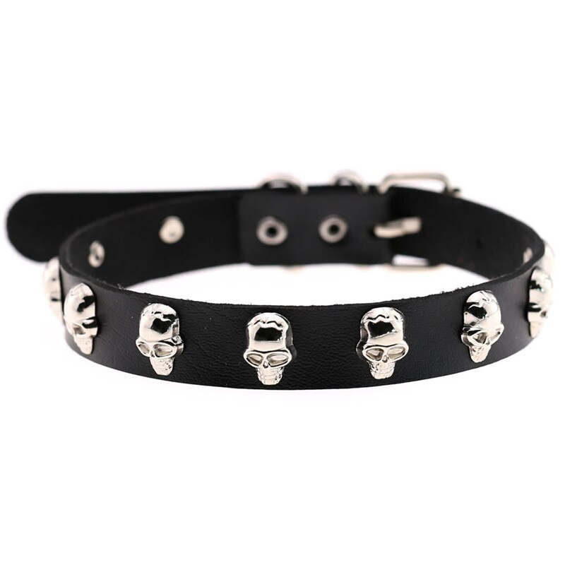 Trendy Punk Rock Silver Color Alloy Skull Leather Choker Necklace For Women Men Collar Jewelry: Black