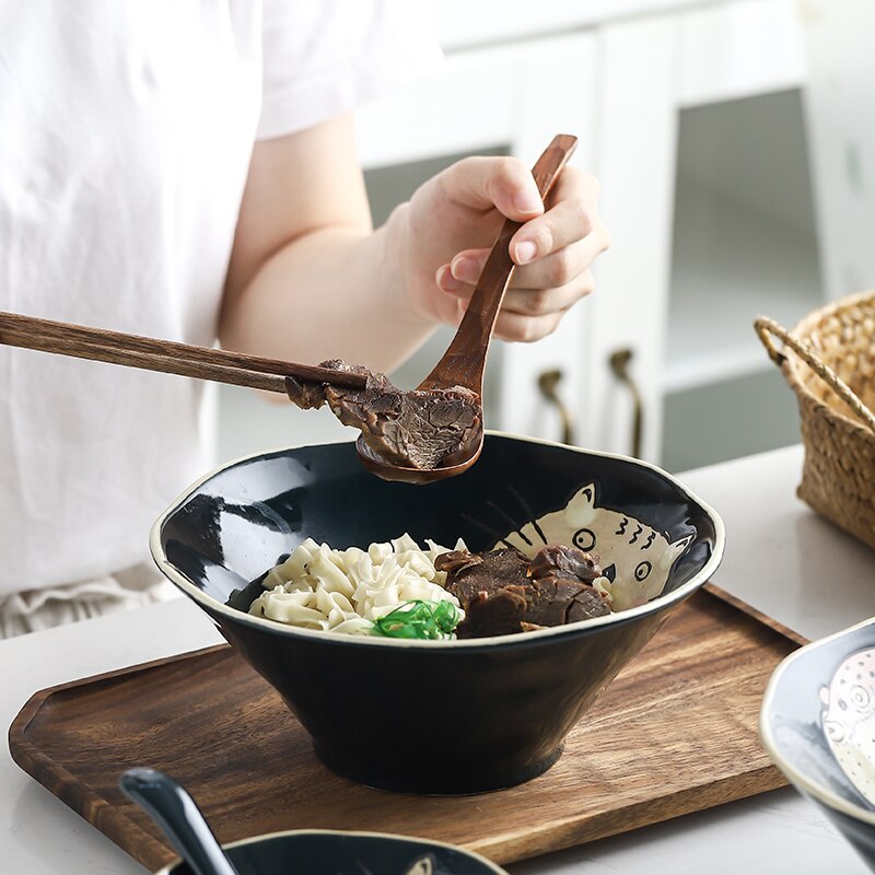 Japansk keramik handmålad katt globefish hushållssoppa nötkött lamian nudlar skål ramen retro sallad porslin tallrik porslin