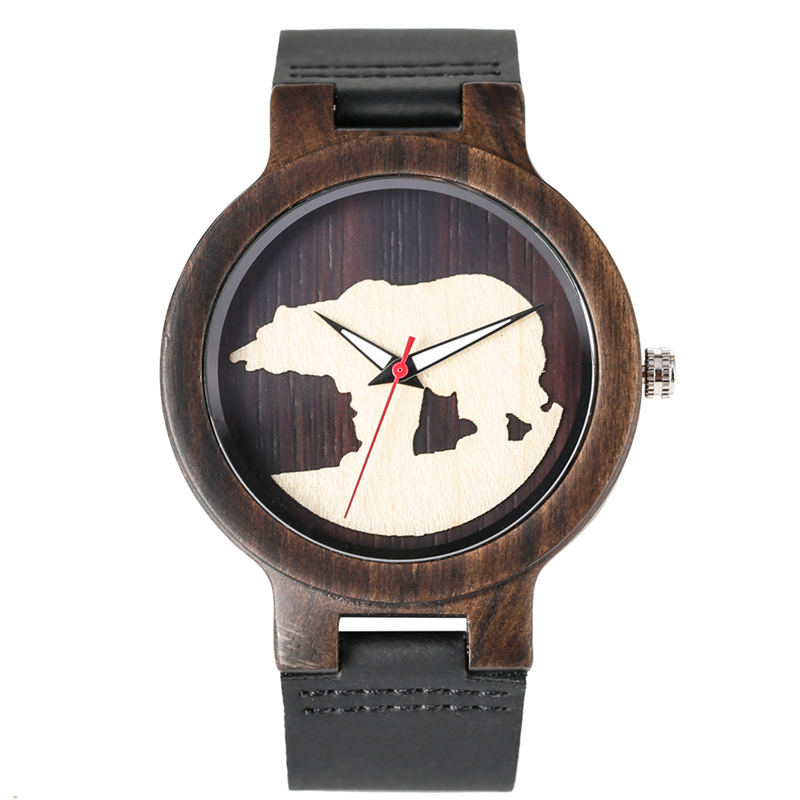 Houten horloge kwarts lichtgevende wijzers ijsbeer driedimensionale wijzerplaat natuurlijke houten horloges bamboe ebbenhouten klok herenhorloges: W458304