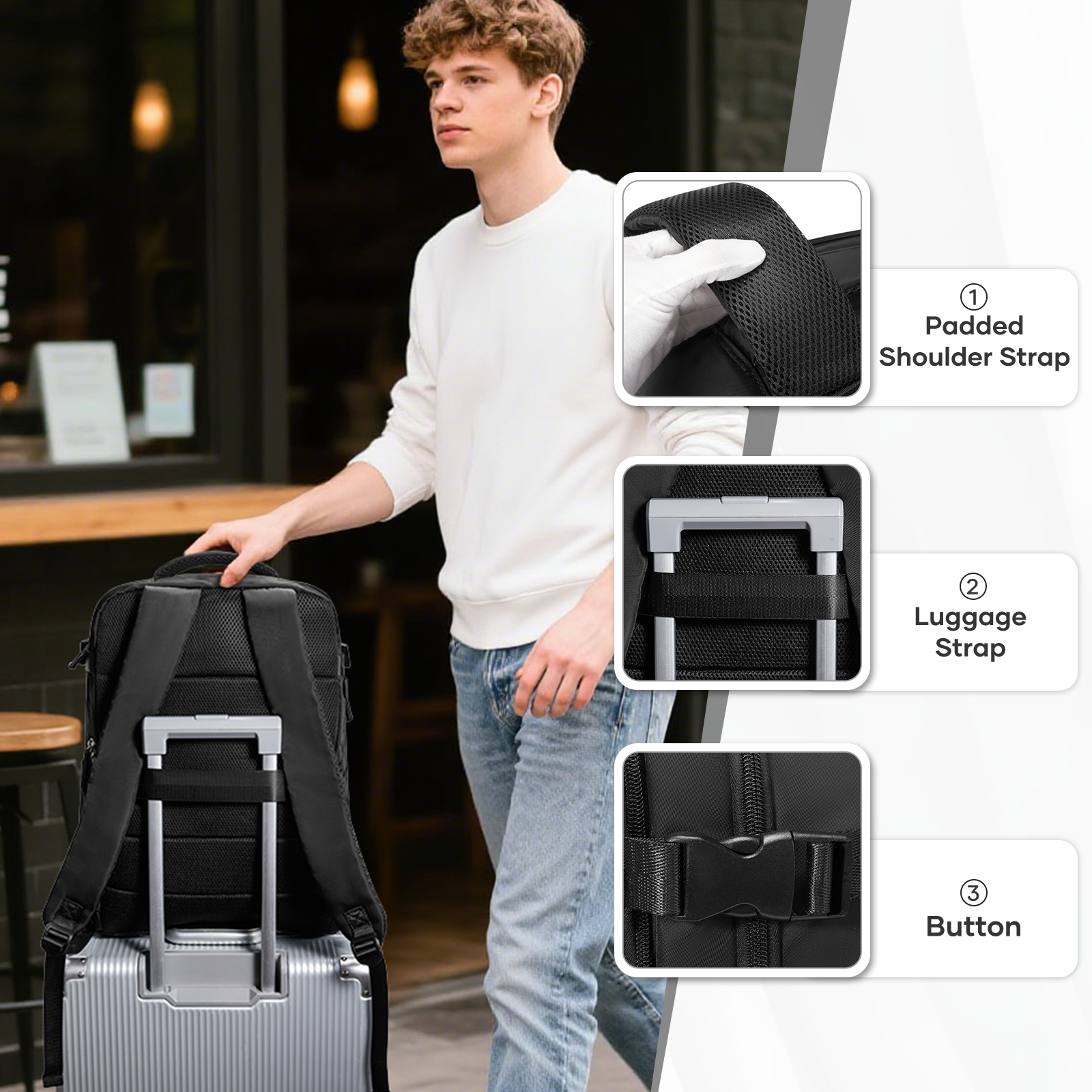 Mochila de almuerzo Mochila para hombre con fiambrera, mochila para portátil de 15,6 pulgadas Mochila de viaje, mochila de trabajo negra, fiambrera impermeable