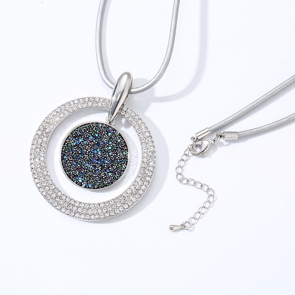 Beautiful Big Colorful Hollow Round Circle Pendant Necklace For Women Color Long Sweater Jewelry Geometric Crystal Necklace