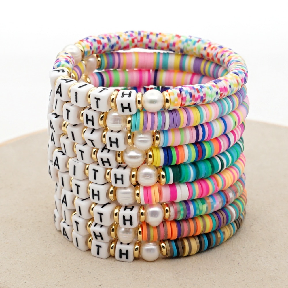 GO2BOHO arc-en-ciel polymère argile Bracelets foi lettre Heishi perles Bracelet pour femmes été plage vraie perle Pulsera bijoux