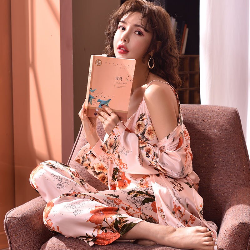 Paj 3 stk kåbesæt til midaldrende kvinder morgenkåber til kvinder pink blomst silkekåbe satin pyjamas sæt szata zestawy