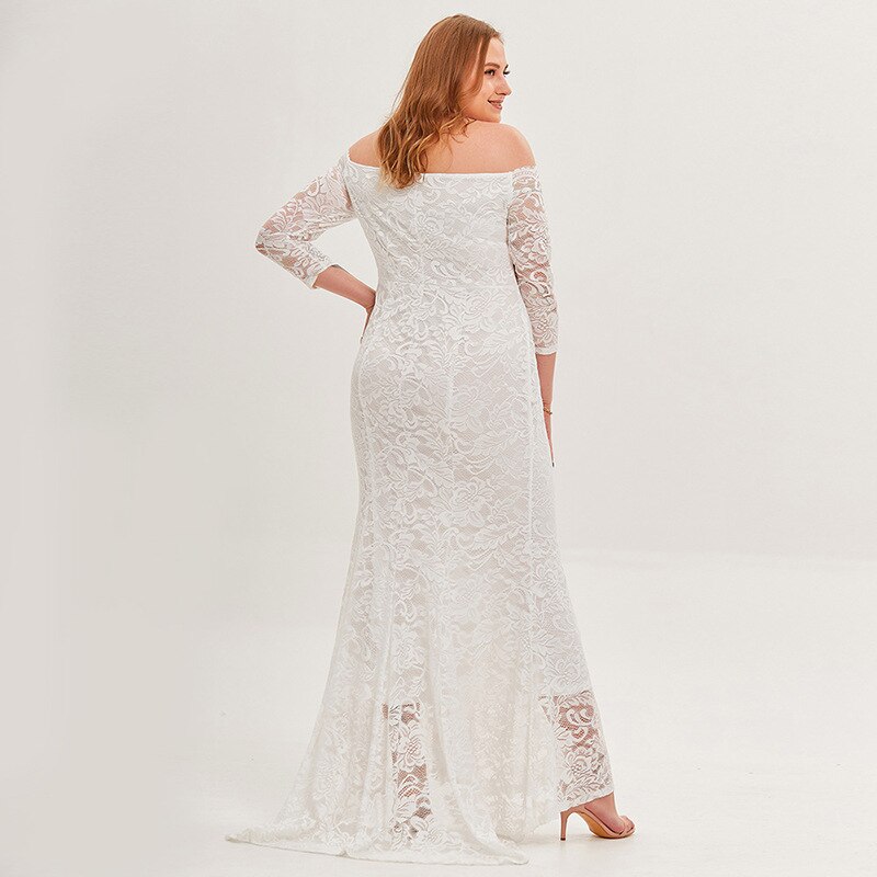 LAMYA White Simple Prom Dresses Plus Size A-line Lace Floor Length Evening Party Gown Groom Mother Long Sleeve Dress