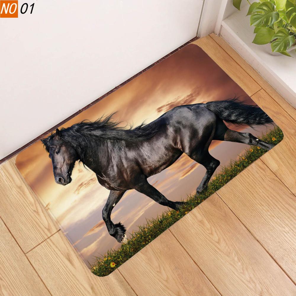 Sholisa anti-dérapant salle de bain tapis tapis sol tapis de bain 3D imprimé cheval Absorption d'eau salon toilette porte: Black / 50x80CM