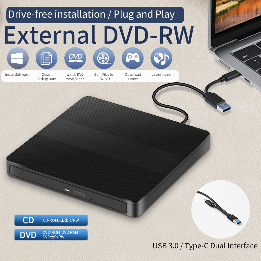 2-in-1 USB 3.0 Typ C Externer DVD RW CD-Brenner Slim Drive Brenner Reader Player Optische Laufwerke für Laptop PC Tragbarer DVD-Brenner