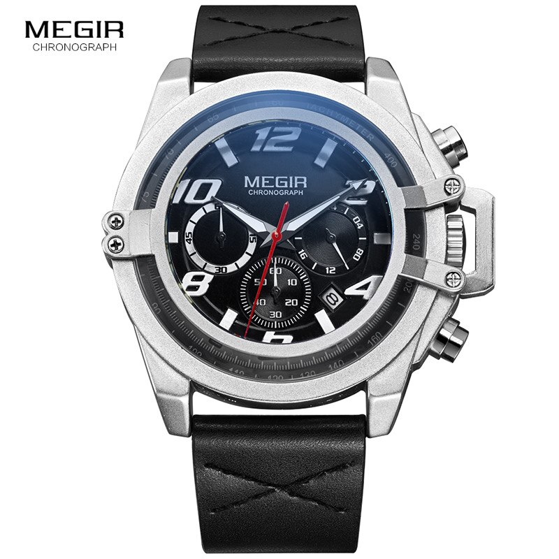 Megir Chronograaf 24-hour Display Quartz Horloges voor Mannen Jongens Mans Waterdichte Lederen Band Lichtgevende Polshorloge met Date2052G: M2052White