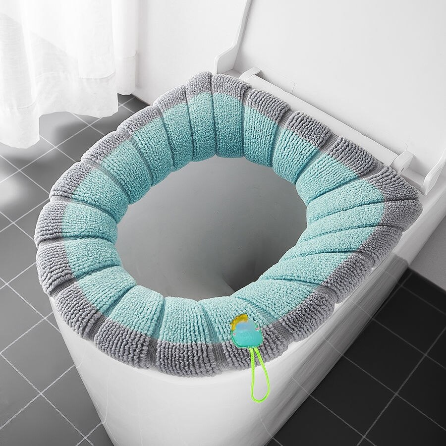 Winter Warm Toilet Seat Cover Closestool Mat 1Pcs Washable Bathroom Accessories Knitting Pure Color Soft O-shape Pad Bidet Cover: Green-Gray
