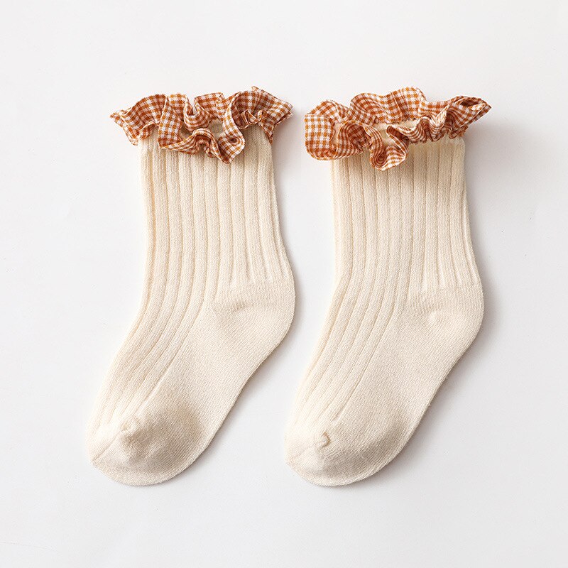 Leuke Lattice Gedrukt Baby Sokken Lente Herfst Zachte Baby Meisje Korte Sokken Voor Kinderen Kant Effen Kleur Kinderen Peuter Sokken: Beige