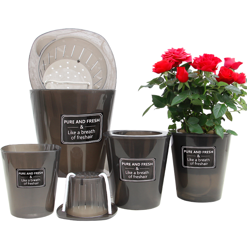 Selbstbewässernder blumentopf aus keramikimitat, automatische wasseraufnahme, pflanzung, schwarze, durchscheinende blumentöpfe