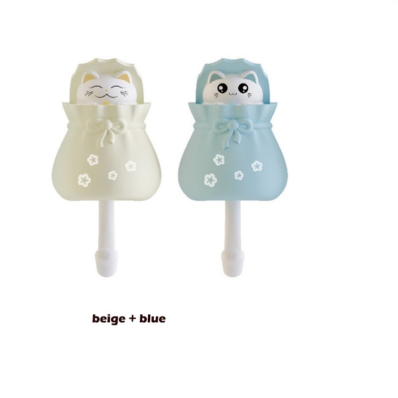 Sac en forme de chat porte-bonheur Kawaii, crochet de porte-clé arrière, crochet mural auto-adhésif décoratif pour rangement de salle de bain: beige and blue