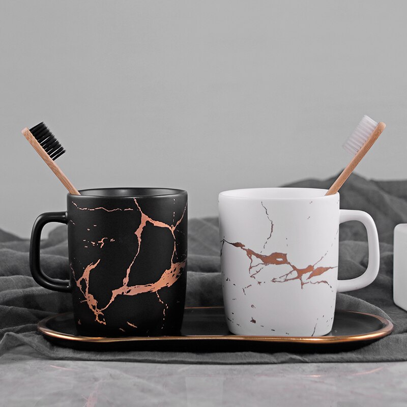 Tasses en céramique japonaise marbre plaqué or | Tasses à café blanc et noir, tasse de petit déjeuner