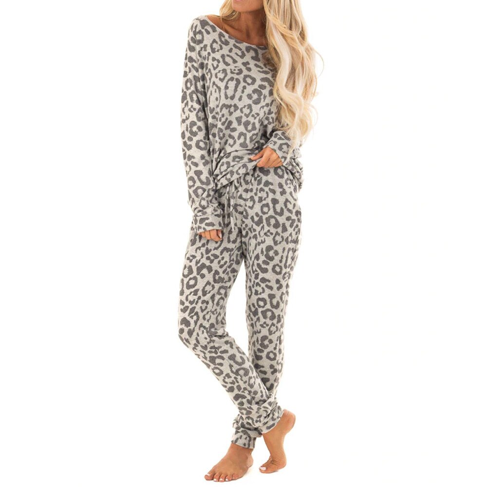 Women Leopard Print Leisure Suit Long Sleeve Top Pant Casual home clothing Sets Female Pants Suit 2pcs: Default Title
