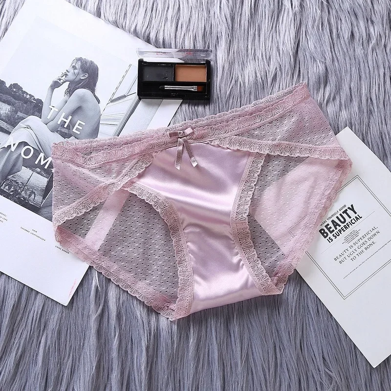 Women Panties Satin Underwear Lace Sexy Briefs Ladies Casual Underpants Female Lingerie Intimates Girl Panty Calcinhas Feminina: L / Pink