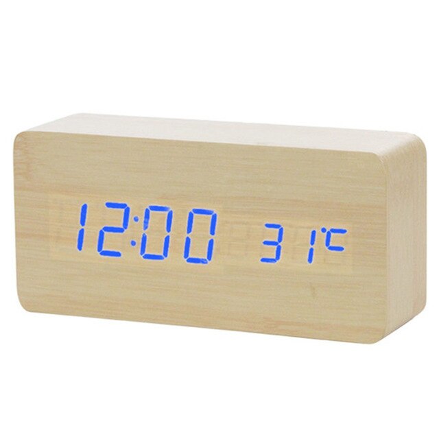 LED Wooden Alarm Clock Desktop Watch Voice Control Temperature Humidity Living Room Display Desk Alarm Clocks Home Decor: Bamboo Wood  Blue N
