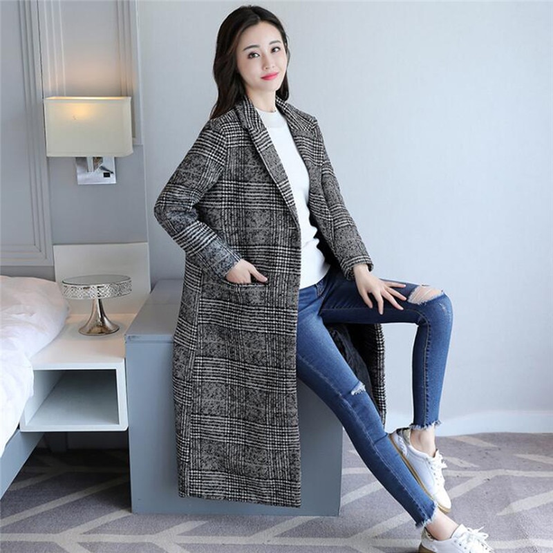 2021 primavera outono das mulheres de lã xadrez casaco clássicos feminino solto longo único breasted casacos fino feminino inverno poliéster jaquetas
