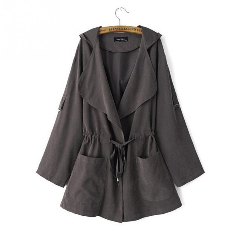 Herfst dames casual capuchon windjack jas omslagkraag overjas bovenkleding jas effen kleur trenchcoat riem slanke tops jas: Grijs / M