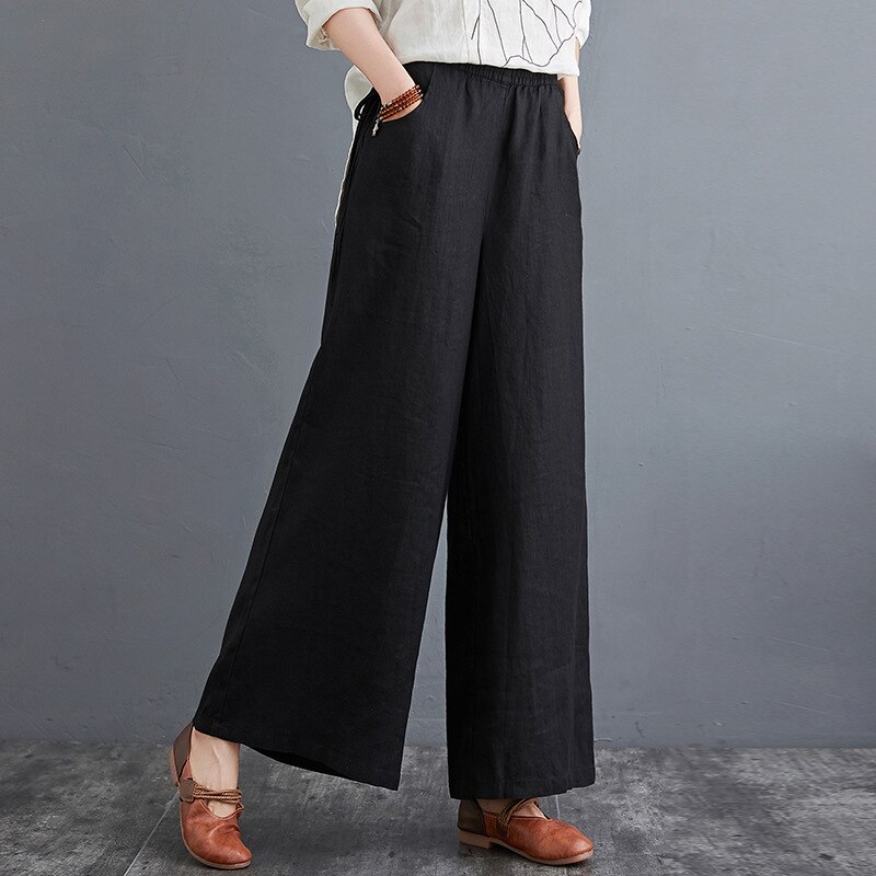 Pantaloni larghi in vita elastica in lino pantaloni Casual da donna in tinta unita allentati letterari 2022 pantaloni estivi Kung Fu di nuovo stile
