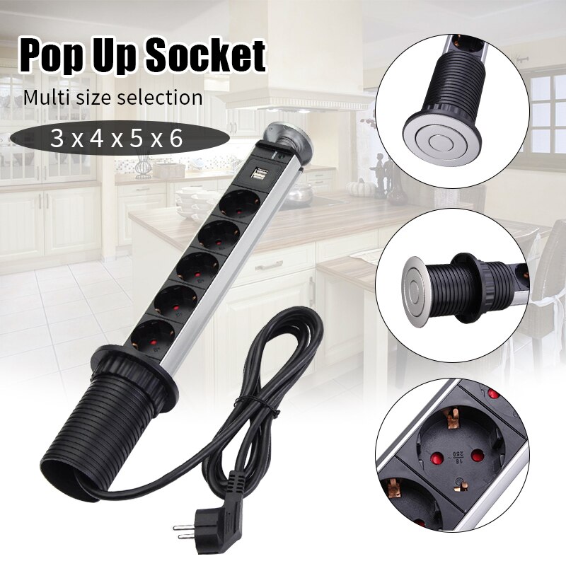 EU Plug 3/4/5/6 Desktop Hidden Socket Pull-out Lift Socket Electrical Socket Accessories 2 charge USB Aluminum Shelf