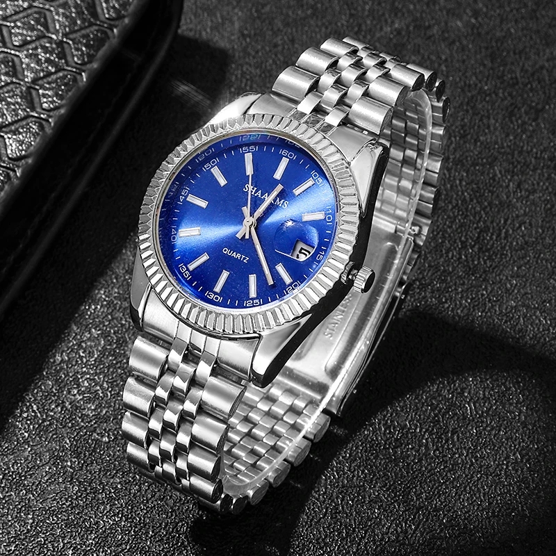 Horloges Heren Topmerk Luxe Blauw Horloge Kalender Met Roestvrij Stalen Band Business Quartz Horloge Relogio Masculino