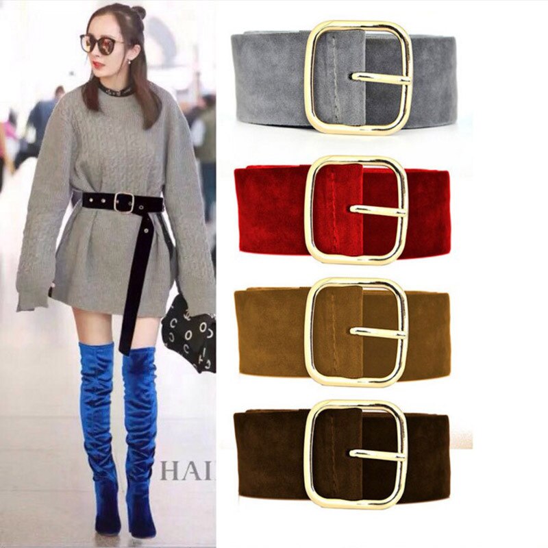 Brede Riem Vrouwelijke Jurk Riemen Versier Tailleband Gold Pin Gesp Fluwelen Riem Party Riem Zwart Flanel Vrouwen