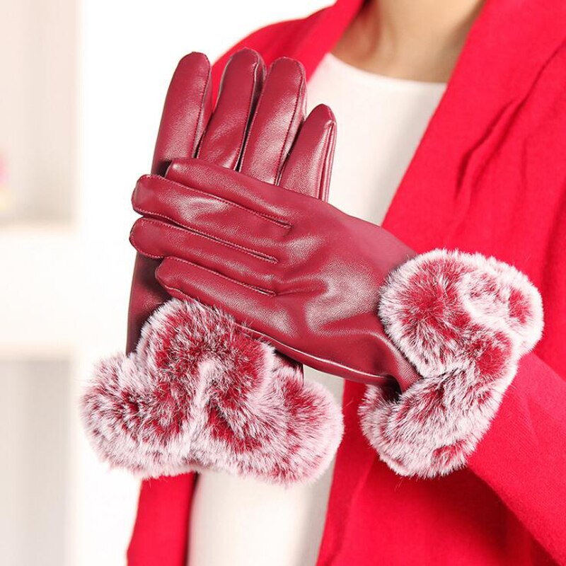 Kvinder læderhandsker varme og imiteret kaninpels pu handsker til vinterhandsker mærke vante damehandsker
