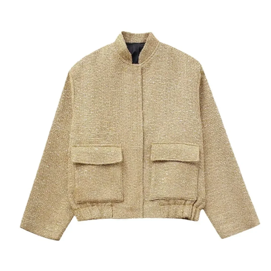 Dames Lovertjes Bomberjack Herfst Ronde Hals Lange Mouw Zak Stretch Zoom Met Pailletten Jas Dames Chic Bovenkleding: XS / Beige