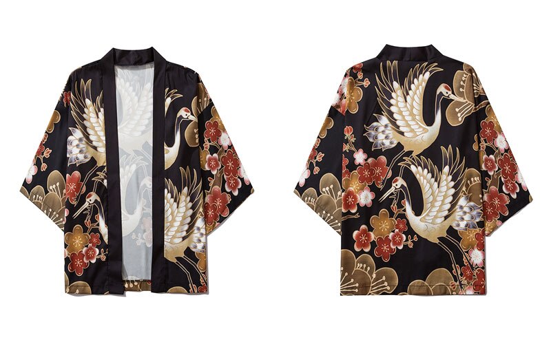 GONTHWID Harajuku Japanese Cranes Cherry Blossoms Floral Print Kimono Cardigan Shirts Streetwear Mens Summer Casual Jakcets Tops: XXL