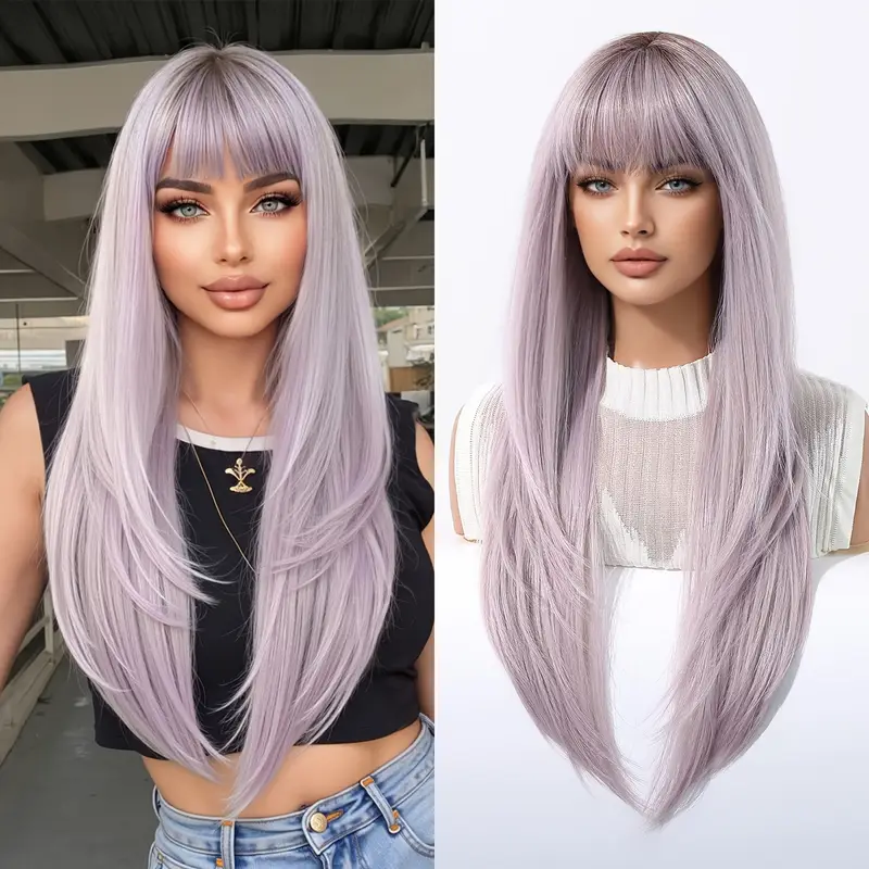 Easihair lång silverfärgad med blonda slingor syntetiska peruker för kvinnor rak med lugg naturlig peruk cosplay-hår värmebeständigt: 1b/30hl