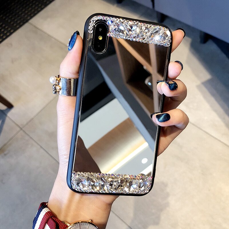 strass di lusso Specchio di Vetro Specchio della Cassa Del Telefono Del Telefono Del Moblie Del Telefono Della Copertura di conchiglia per il iPhone 6 6s 6P 6sP 7 7P 8 8P X